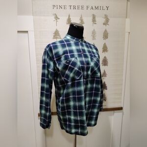 Eddie Bauer Women’s Green & Blue Plaid Band Collar Flannel Shirt - Small - Tence